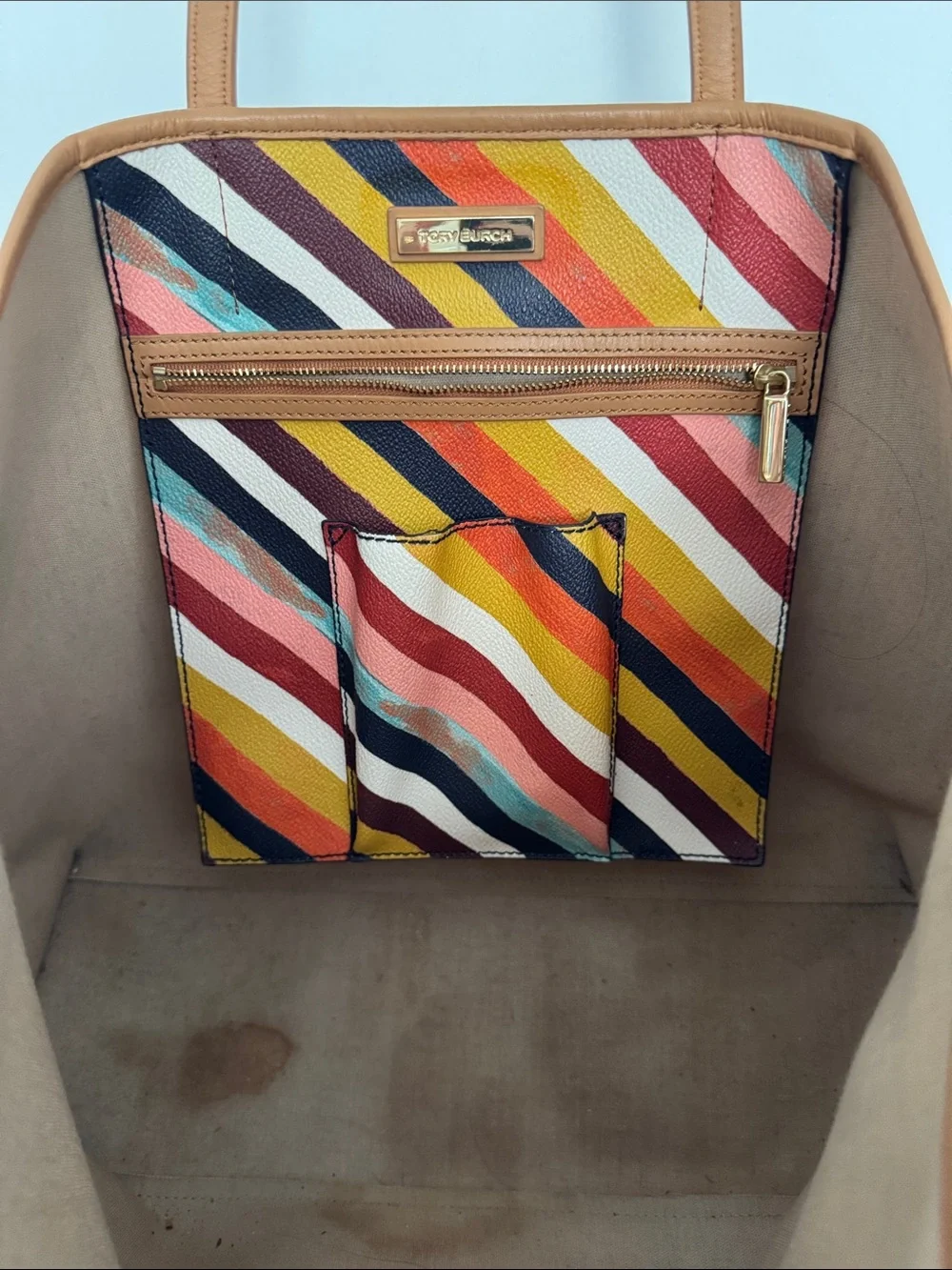 Tory Burch Multicolor Chevron Stripe Canvas Tote with Tan Leather Handles